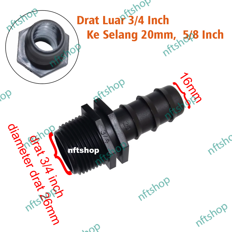 Male Connector Drat Luar 3/4 Inch Ke Selang 20mm 5/8 Inch
